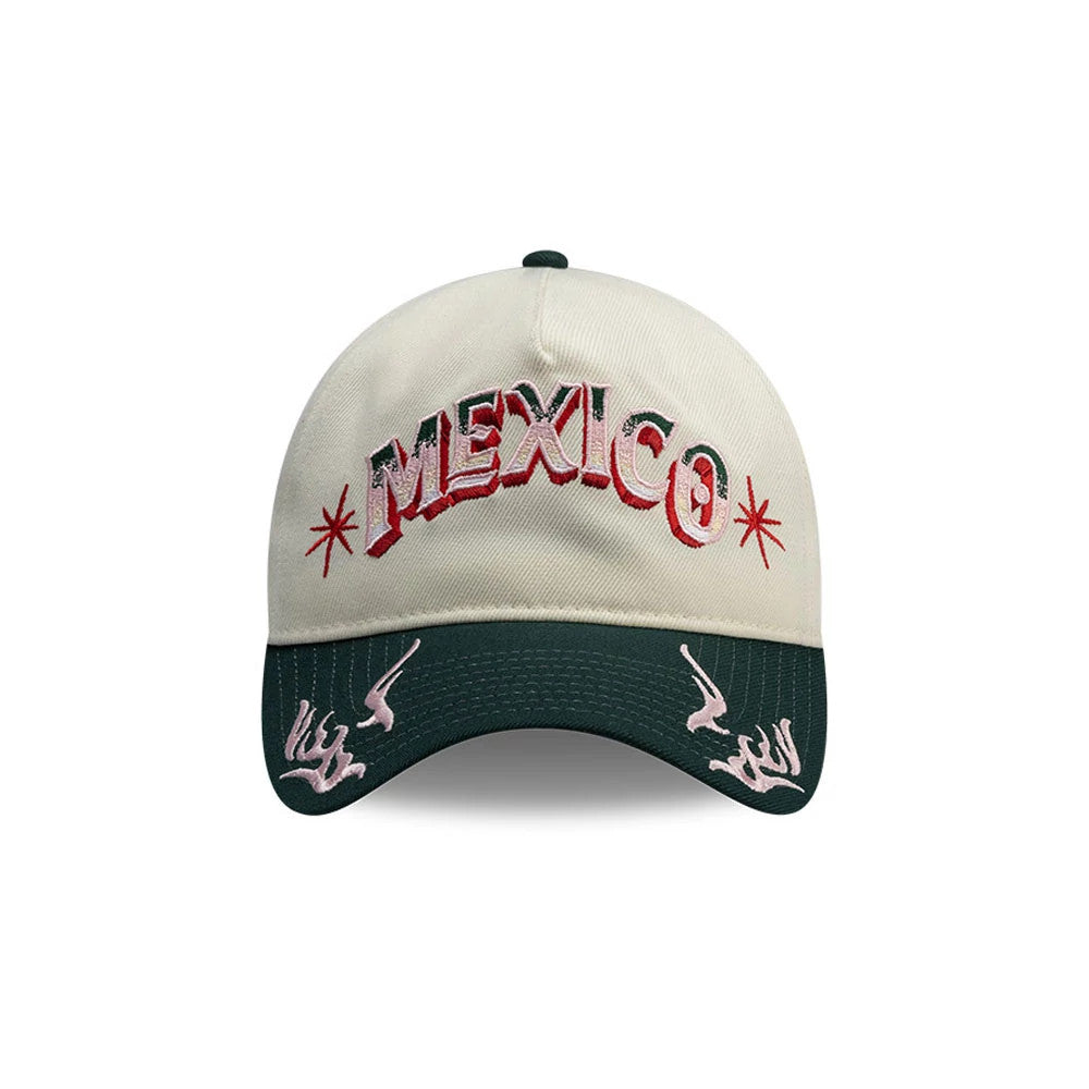 New Era Mexico Rotulos White & Dark Green 9FORTY A-Frame Adjustable Cap, front view showing a red and white embroidered Mexico text with star designs on a white crown, and pink embroidery on the dark green curved visor.