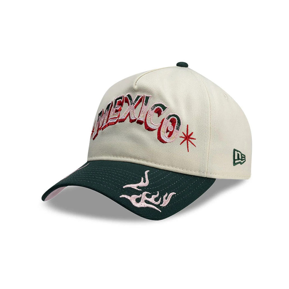 New Era Mexico Rotulos White & Dark Green 9FORTY A-Frame Adjustable Cap, three-quarter view showing the pink and red embroidered 'Mexico' text on the front panels, with pink detail on the dark green visor and New Era flag logo on the left side.