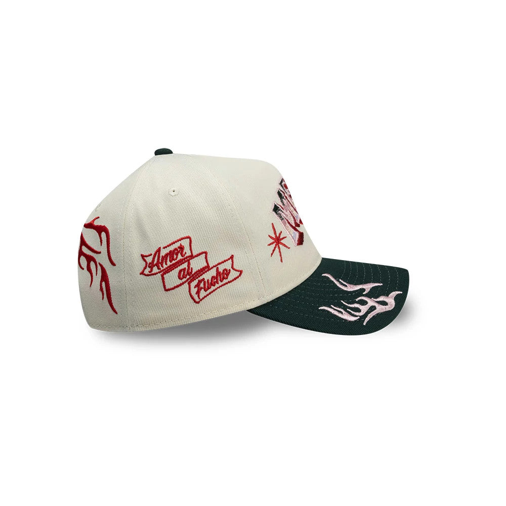 Pictured is this New Era Mexico Rotulos New Era 9FORTY A-Frame cap in white & dark green. 7