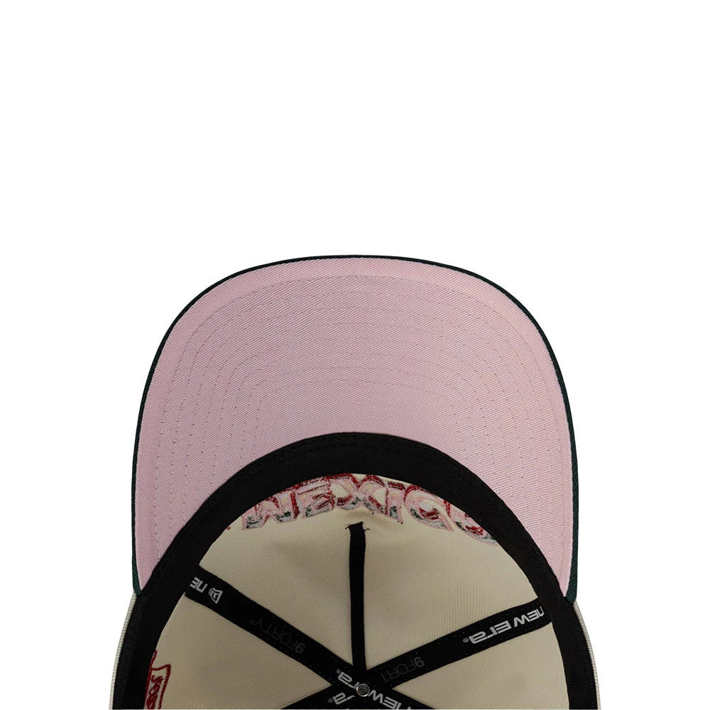 New Era Mexico Rotulos White & Dark Green 9FORTY A-Frame Adjustable Cap, inside view showing the pink undervisor, the white sweatband with Mexico text detail, and the New Era branded black taping across the panel seams.