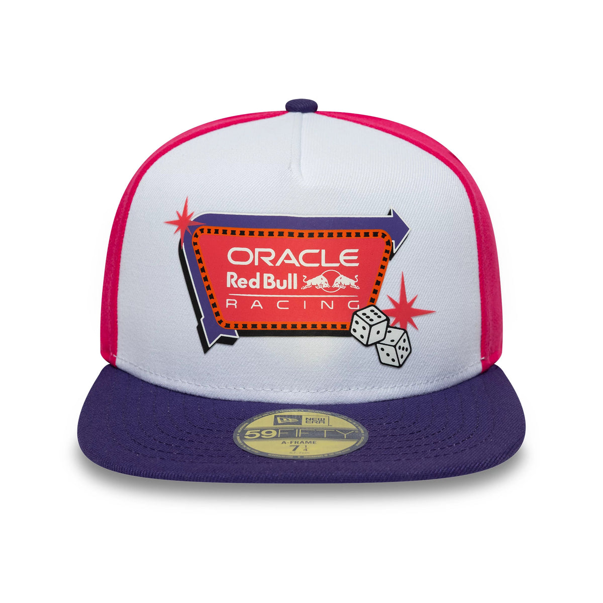 Red Bull Racing Vegas Race White New Era 59FIFTY A-Frame Fitted Cap, front view featuring a brightly embroidered Vegas-themed logo with dice and arrow graphics on the structured white crown, paired with a purple flat visor.