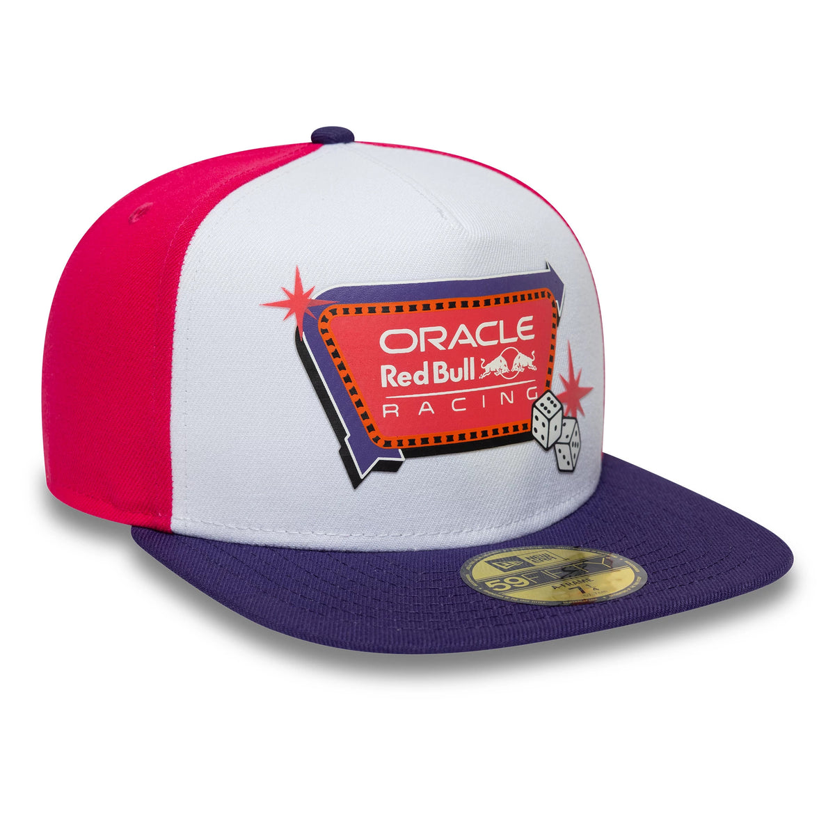 Red Bull Racing Vegas Race White New Era 59FIFTY A-Frame Fitted Cap, three-quarter view showing a front patch with Oracle Red Bull Racing branding, purple flat visor with a gold 59FIFTY size sticker, and red side panels.