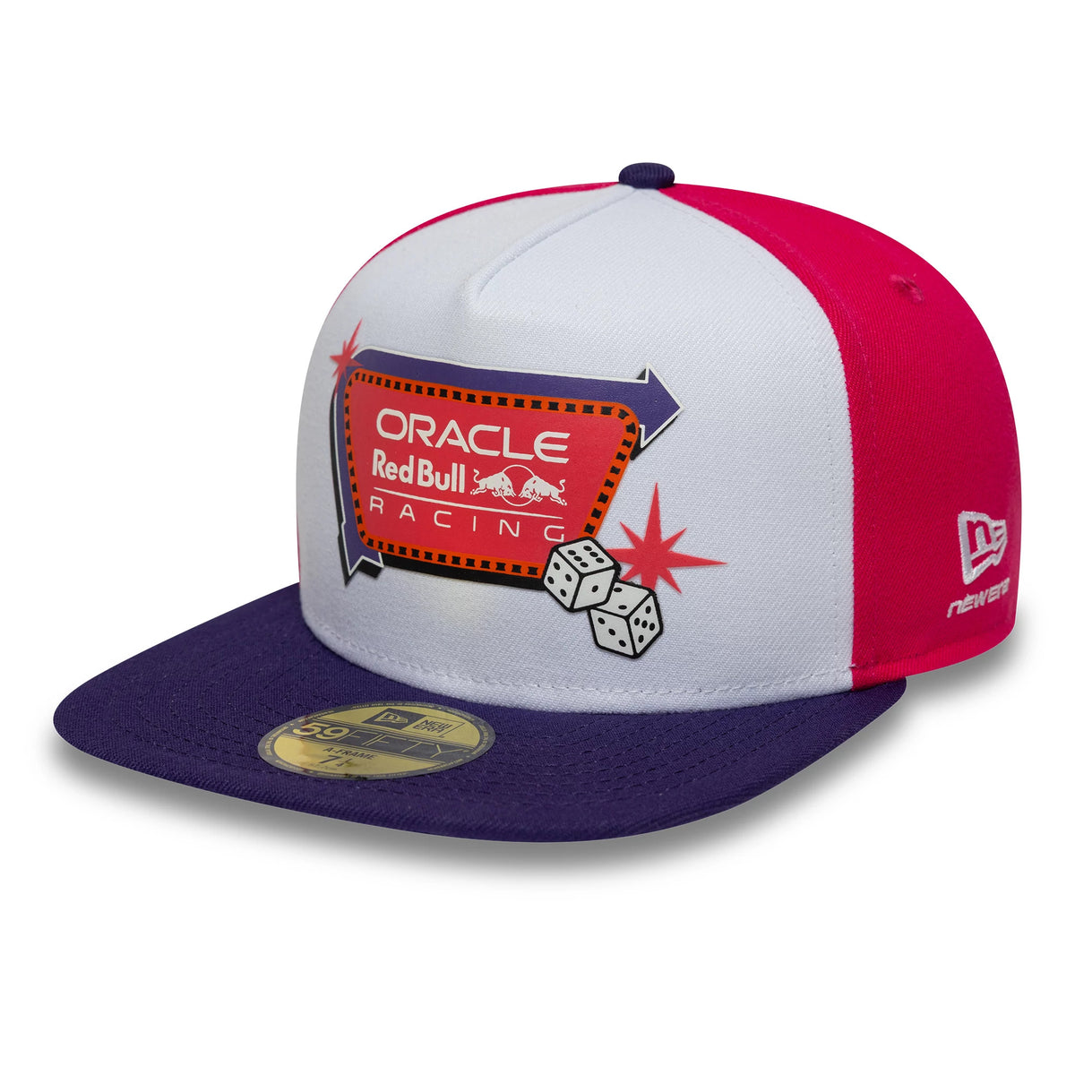 Red Bull Racing Vegas Race White New Era 59FIFTY A-Frame Fitted Cap, three-quarter view showing a graphic with oracle branding, dice and star icons on the structured white front panel, complemented by a purple visor and pink side panels.