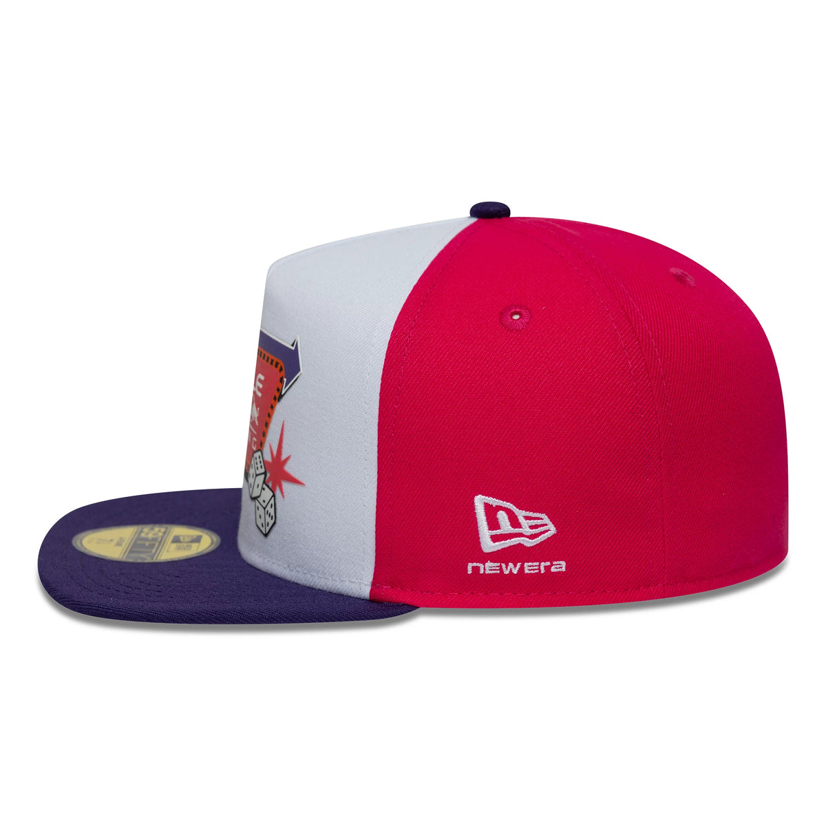 Red Bull Racing Vegas Race White New Era 59FIFTY A-Frame Fitted Cap, side view with a prominent white New Era flag logo on the red side panel, a purple flat visor, and a detailed emblem on the contrasting white front panel.