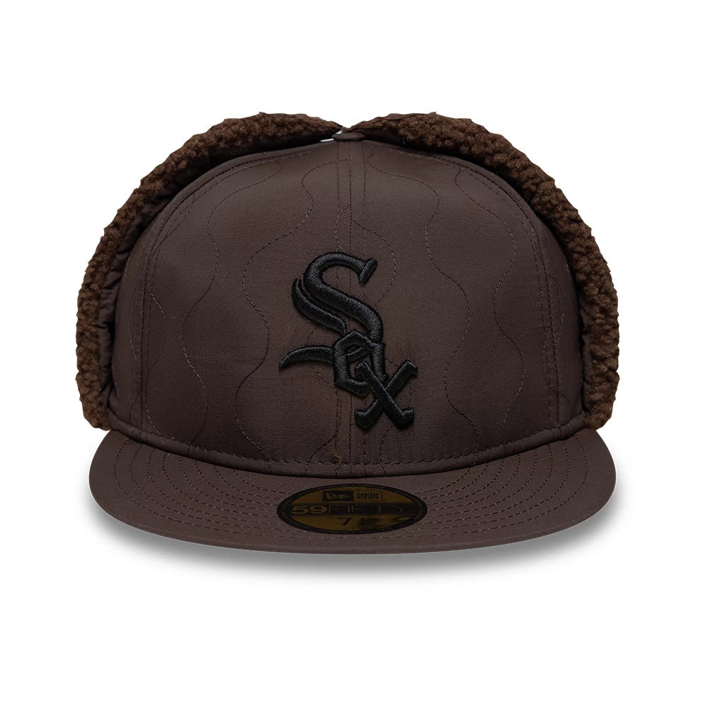 Chicago White Sox MLB Quilted Dark Brown New Era Dogear 59FIFTY Fitted Cap, front view showing the black embroidered logo on the structured quilted crown with dark brown shearling dogears, flat visor, and gold 59FIFTY size sticker on the visor.