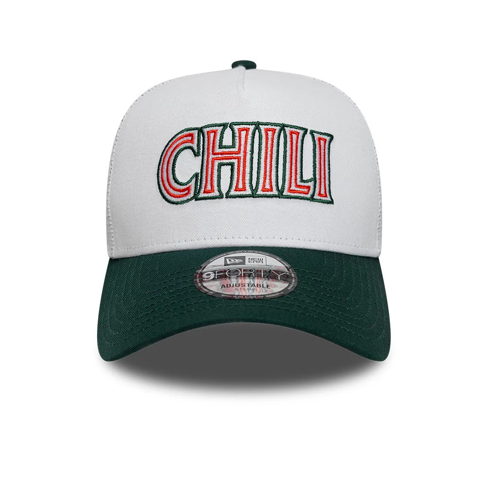 Carlos Sainz Team Fifty5 Mexico White New Era 9FORTY A-Frame Adjustable Cap, front view showing the raised red and green embroidered CHILI lettering on the white front panel, with a dark green pre-curved visor and a 9FORTY size sticker.