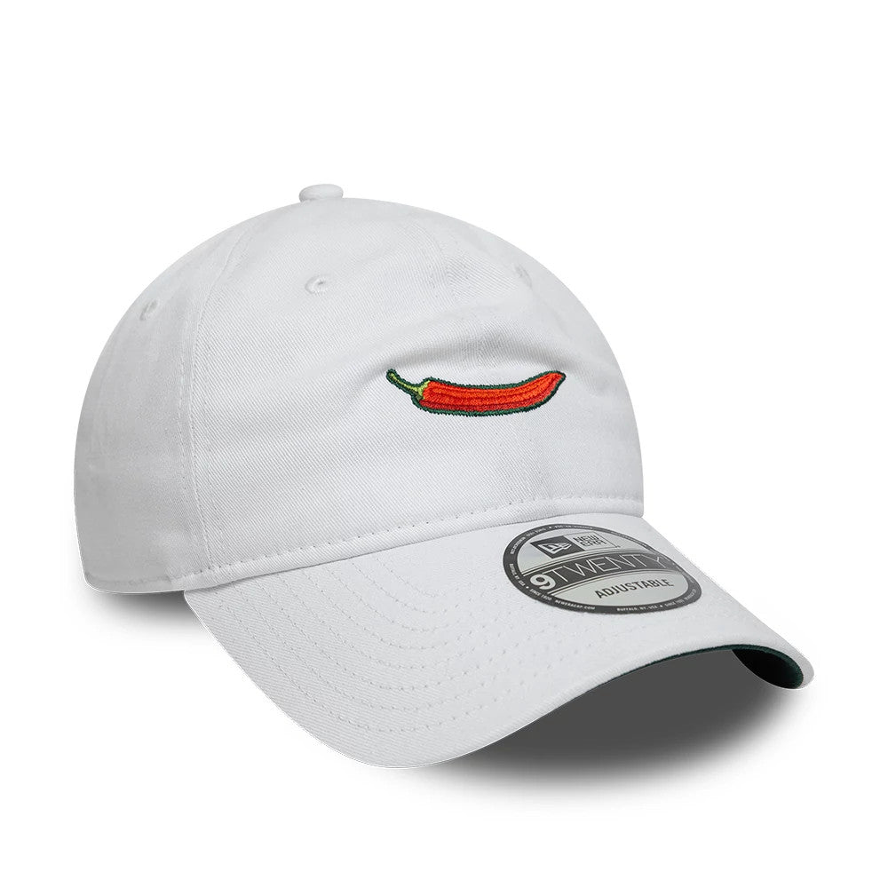 Carlos Sainz Team Fifty5 Chilli White New Era 9TWENTY Adjustable Cap, front view showing a raised red chilli pepper embroidery on the white front panel, with a curved visor and a 9TWENTY size sticker on the top.
