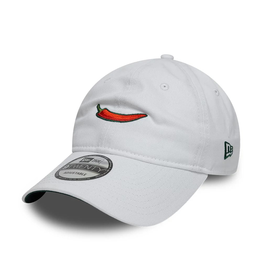 Carlos Sainz Team Fifty5 Chilli White New Era 9TWENTY Adjustable Cap, three-quarter view showing the red chilli pepper embroidered on the front panel, the curved white visor with 9TWENTY size sticker, and the New Era flag logo on the left side.