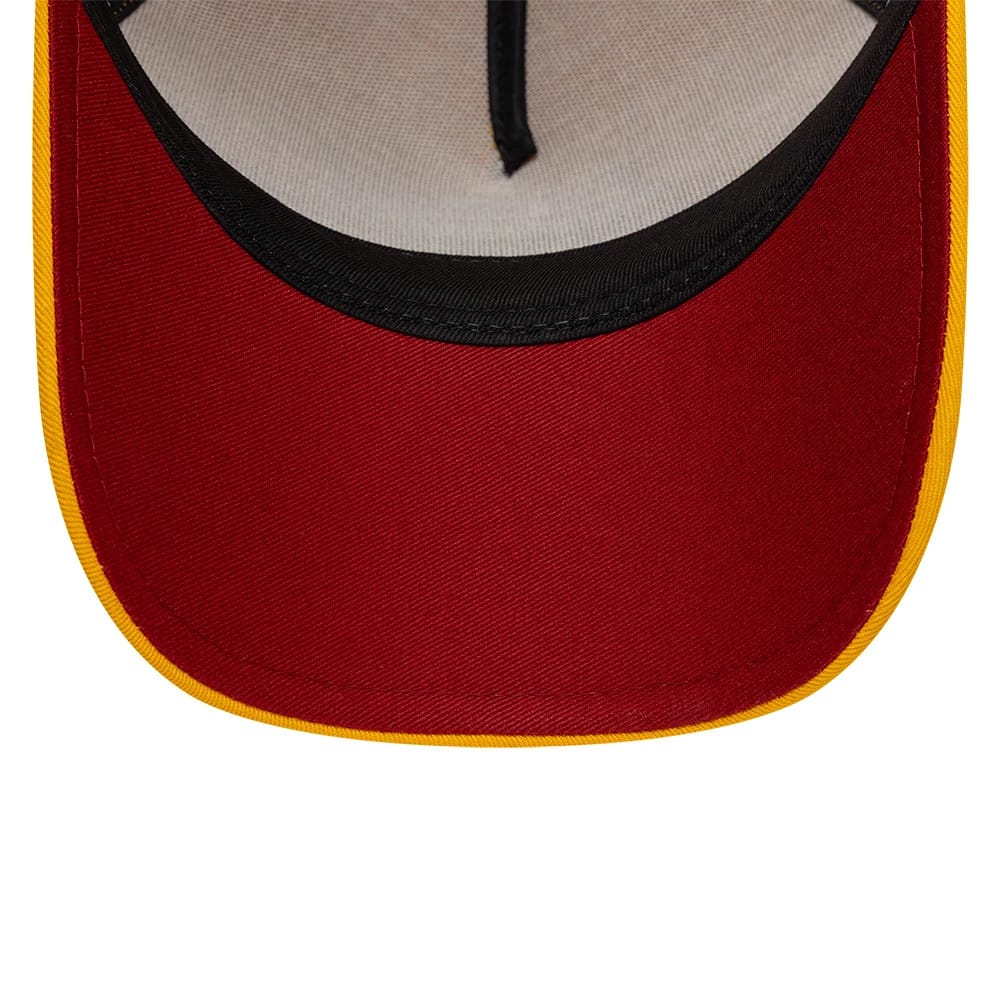 Carlos Sainz Team Fifty5 Grandstand Dark Yellow New Era 9FORTY A-Frame Adjustable Cap, inside view showing the red undervisor with black trim, contrasting yellow edge detail, and light grey interior taping.