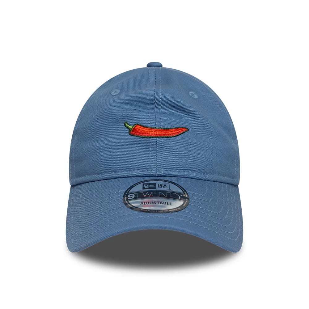 Carlos Sainz Team Fifty5 Chilli Blue New Era 9TWENTY Adjustable Cap, front view showing the red and green embroidered chilli pepper design on the unstructured blue crown, with a 9TWENTY size sticker on the curved visor.