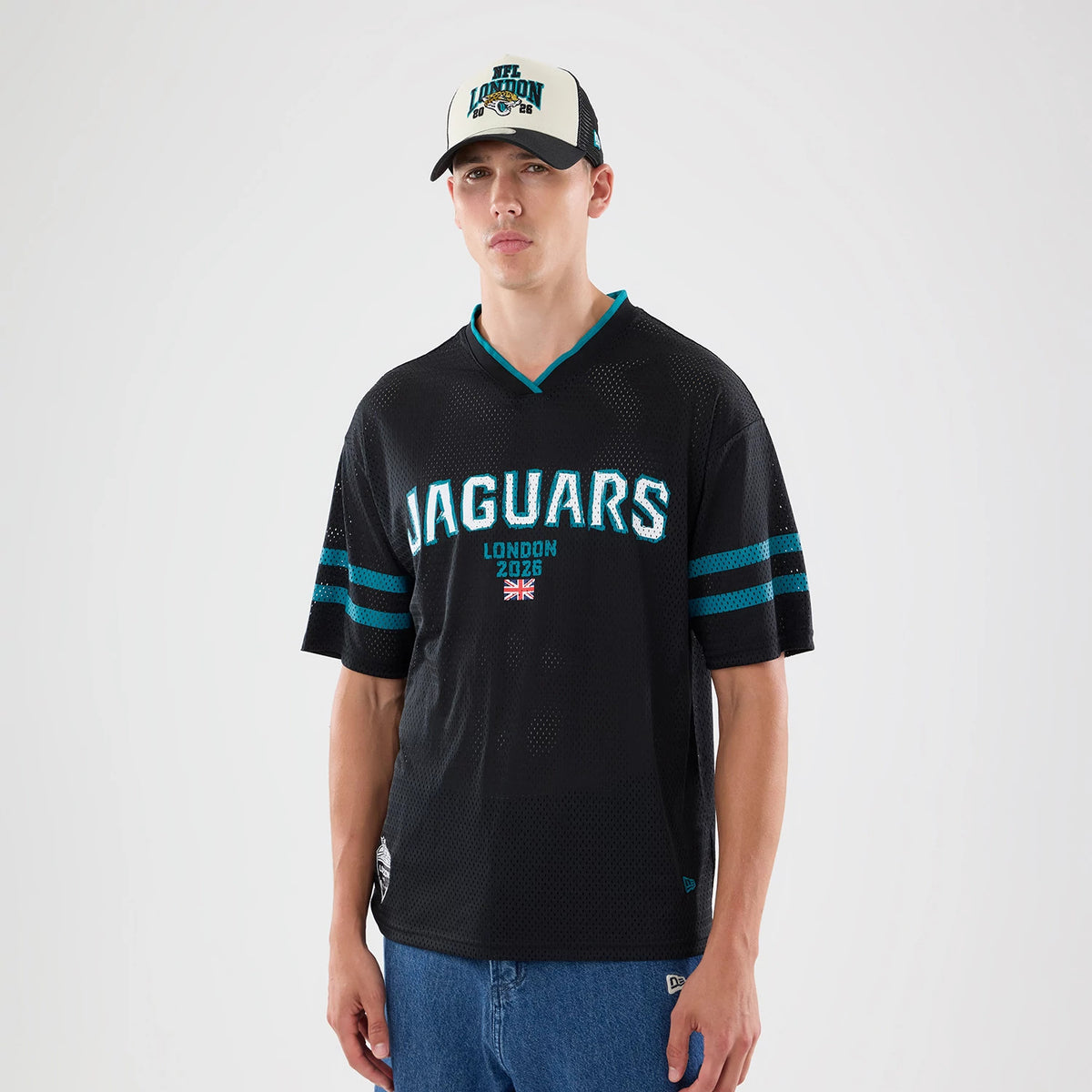 The model is wearing this NFL International Games 2026 Graphic Jacksonville Jaguars Mesh Jersey in black. 1