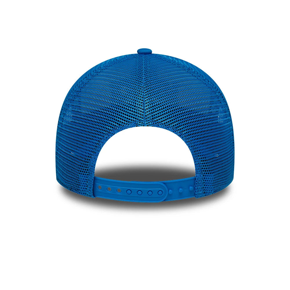 Lions NFL International Games 2026 Munich Blue New Era 9FORTY A-Frame Trucker Adjustable Cap, rear view showing a blue mesh back, a matching blue snap closure for adjustable sizing, and a blue top button on the structured crown.