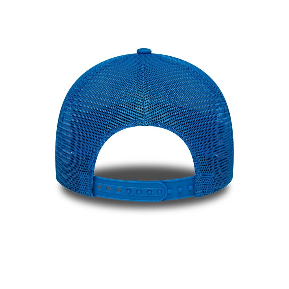 Pictured is this NFL International Games 2026 Munich Detroit Lions 9FORTY A-Frame Trucker cap in blue. 4