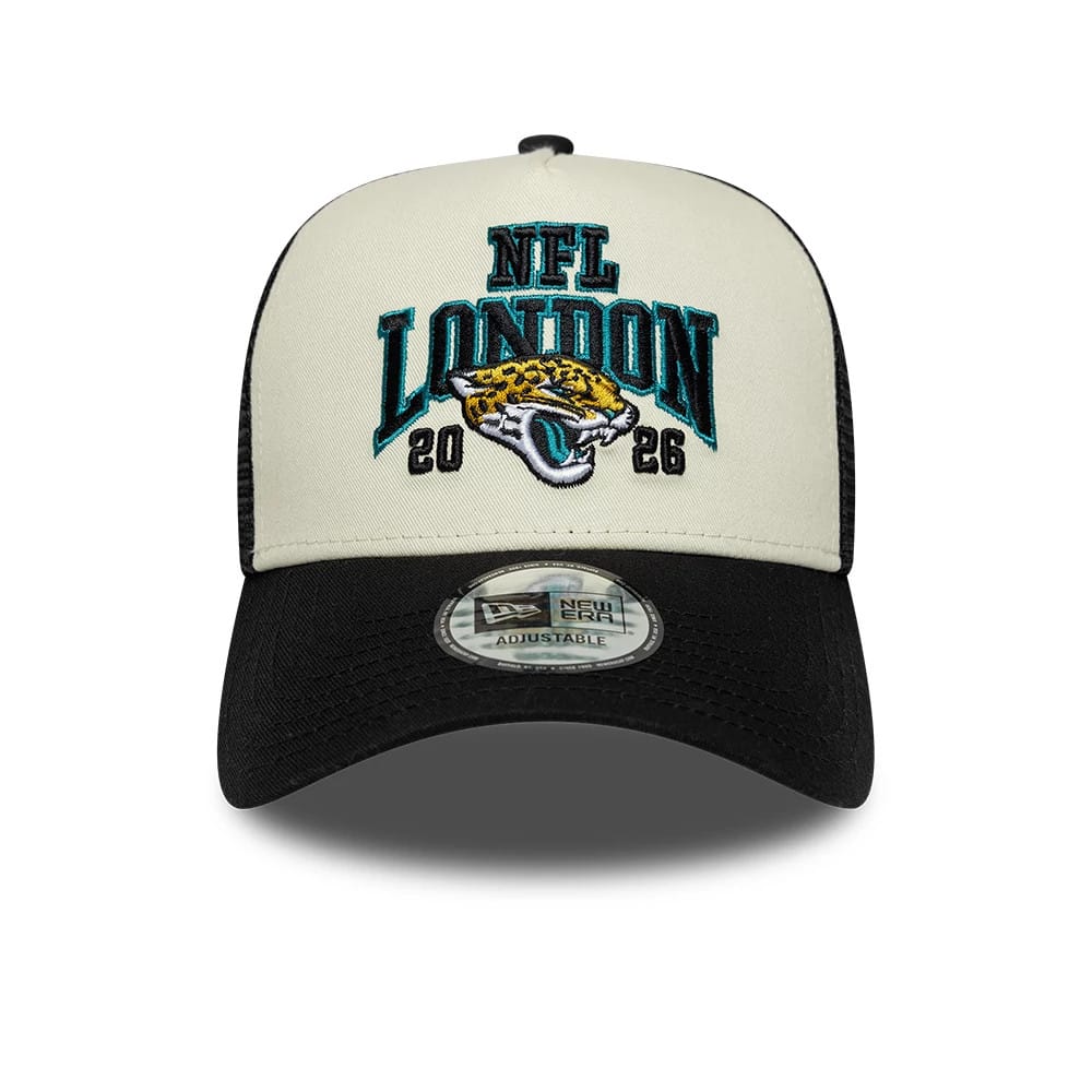Jaguars NFL International Games 2026 London Black New Era 9FORTY A-Frame Trucker Adjustable Cap, front view showing the teal and black NFL London embroidery with a jaguar head and 2026 on a white crown.