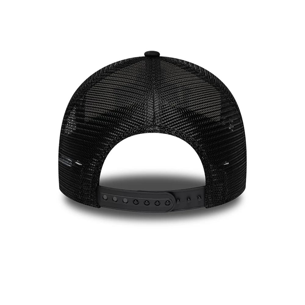 Jaguars NFL International Games 2026 London Black New Era 9FORTY A-Frame Trucker Adjustable Cap, rear view showing the structured black mesh panels and a black adjustable snap closure, highlighting the curved opening at the back.