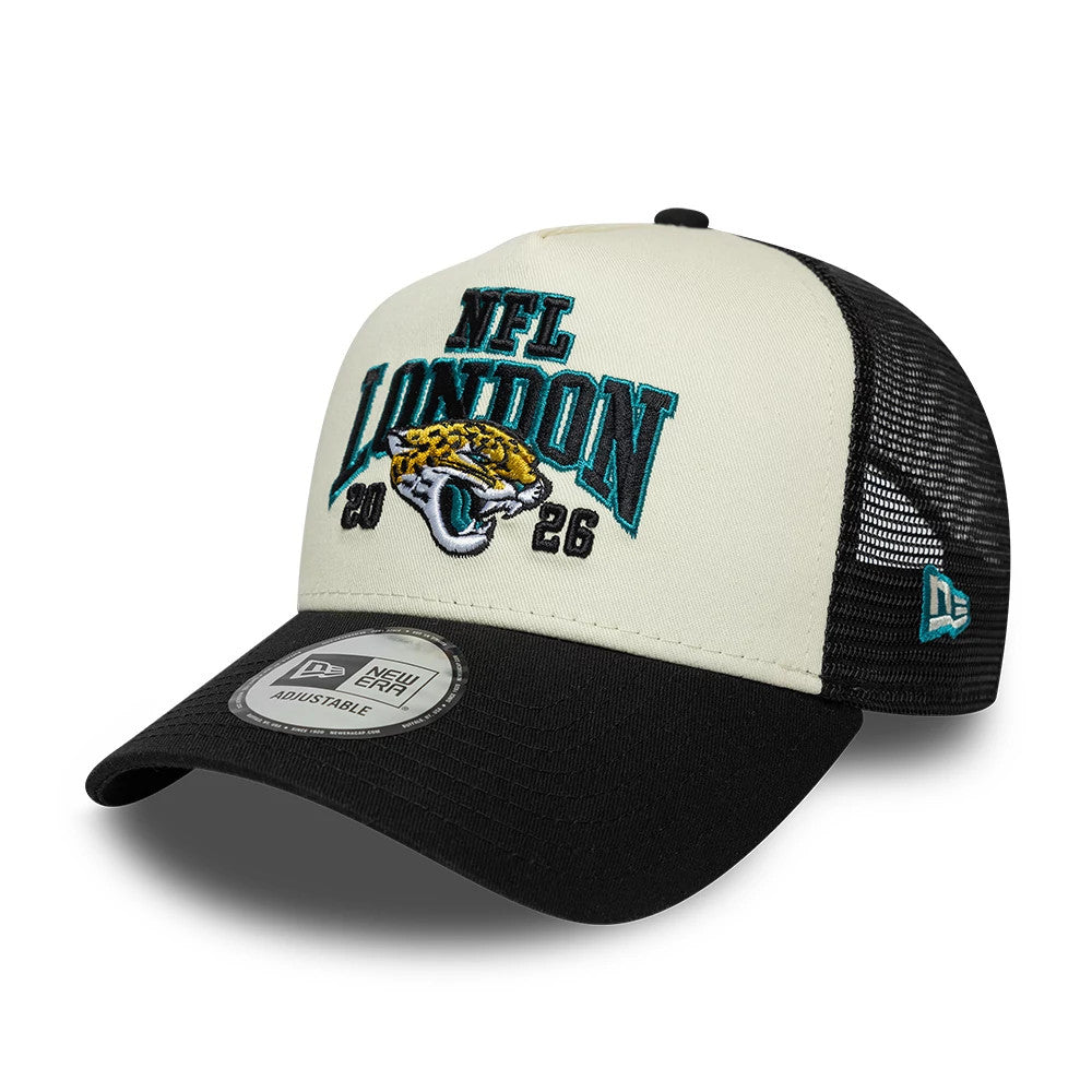 Pictured is this NFL International Games 2026 London Jacksonville Jaguars 9FORTY A-Frame Trucker cap in black. 3