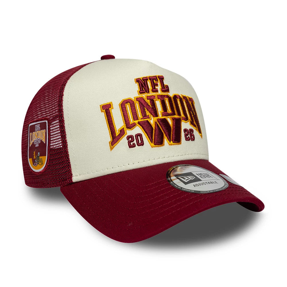Pictured is this NFL International Games 2026 London Washington Commanders 9FORTY A-Frame Trucker cap in dark red. 1