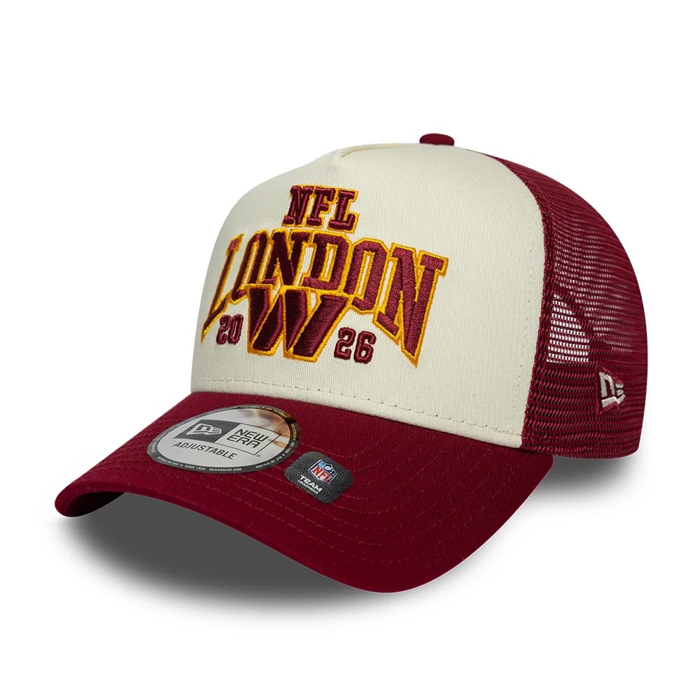 Pictured is this NFL International Games 2026 London Washington Commanders 9FORTY A-Frame Trucker cap in dark red. 3