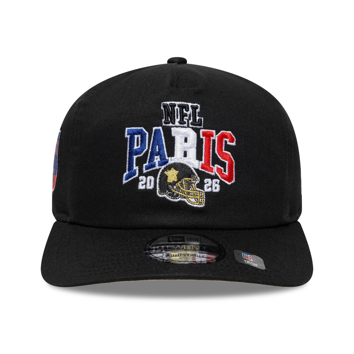 New Orleans Saints NFL International Games 2026 Paris Black New Era 19TWENTY Adjustable Cap, front view showing the embroidered 'NFL Paris 2026' text with a gold Saints helmet, a black curved visor, and a 19TWENTY size sticker on the top.