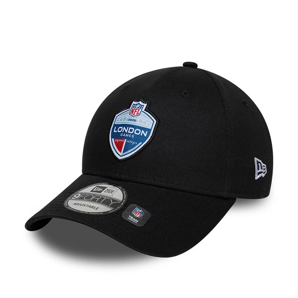 Pictured is this NFL International Games 2026 London 9FORTY cap in black. 1