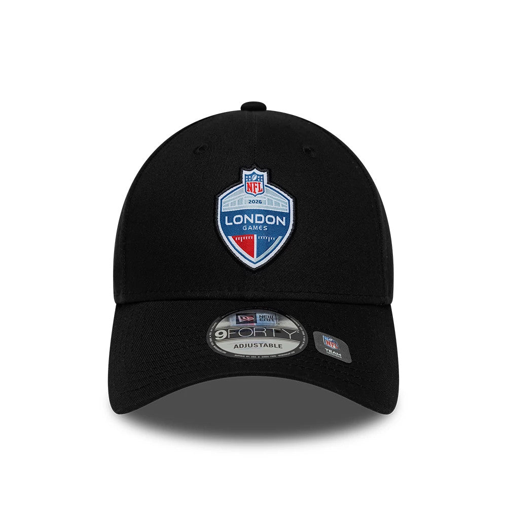Pictured is this NFL International Games 2026 London 9FORTY cap in black. 2