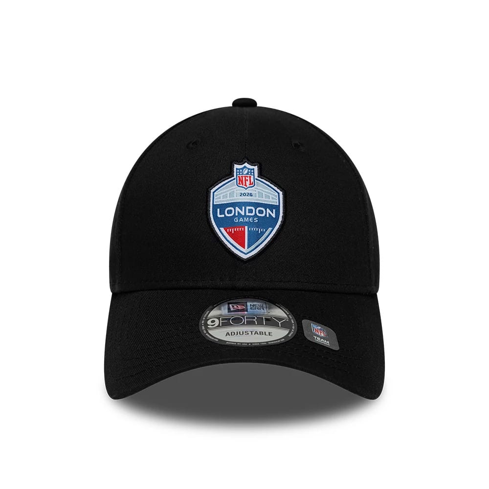 Pictured is this NFL International Games 2026 London 9FORTY cap in black. 2