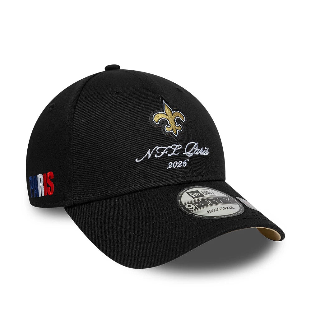 Pictured is this NFL International Games 2026 Paris New Orleans Saints 9FORTY cap in black. 1