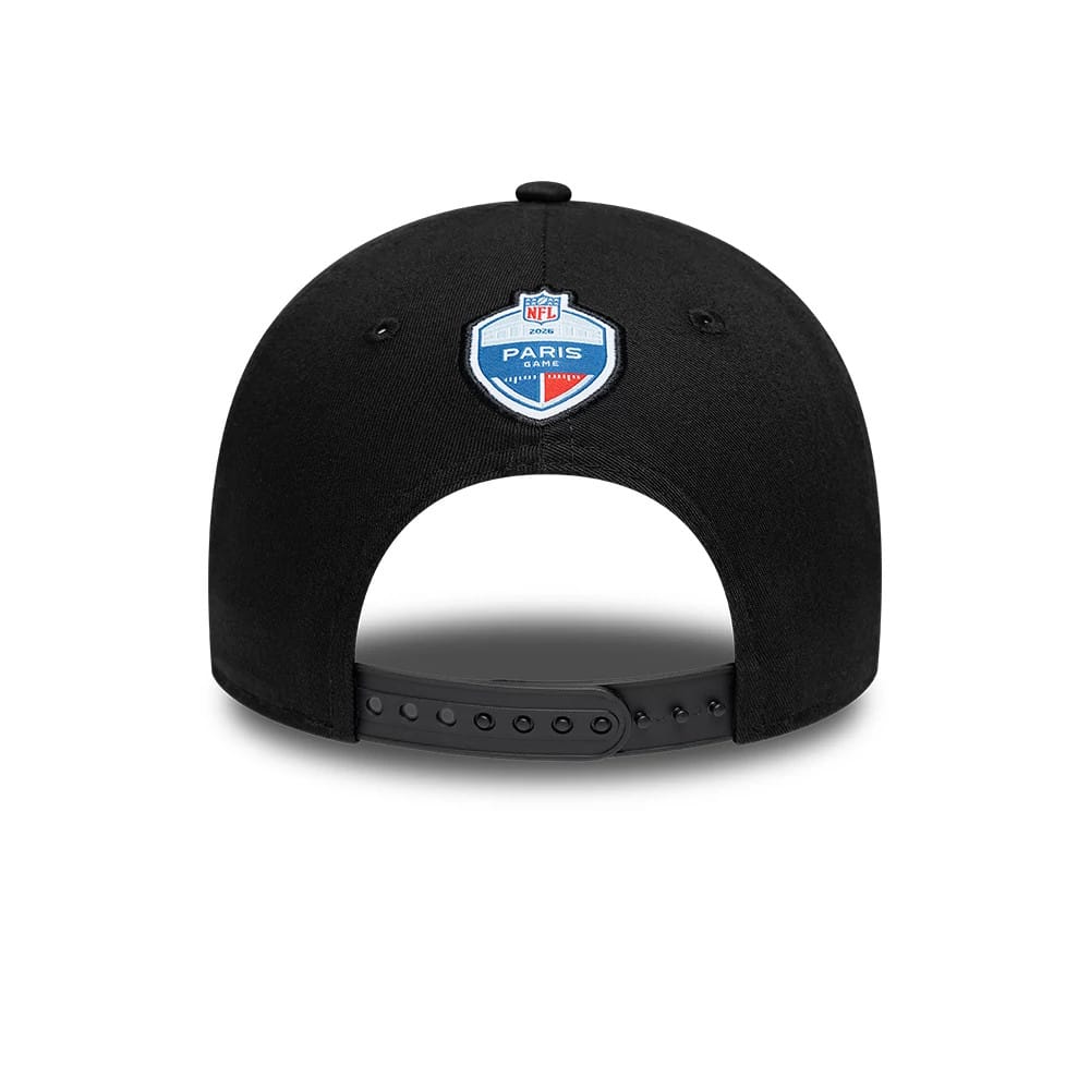 New Orleans Saints NFL International Games 2026 Paris Black New Era 9FORTY Adjustable Cap, rear view showing the colourful embroidered Paris shield logo at the centre of the back panels, above the black adjustable strap and matching black crown.