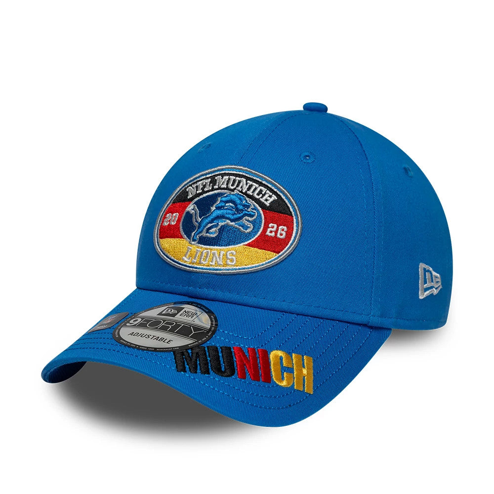 Pictured is this NFL International Games 2026 Munich Detroit Lions 9FORTY cap in blue. 3
