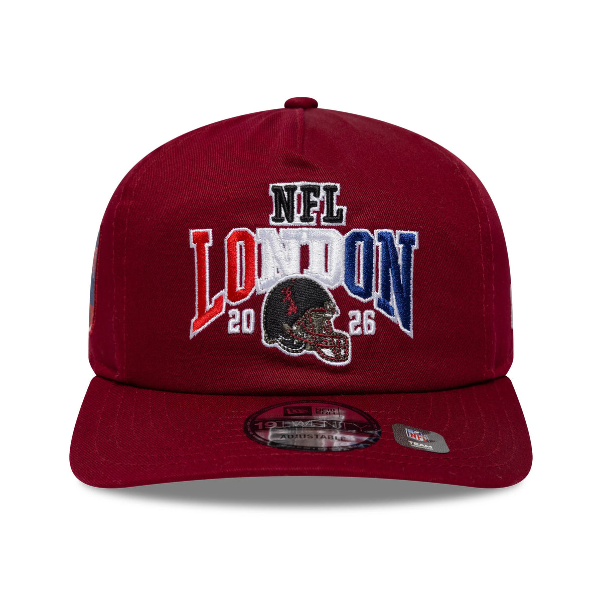 Washington Commanders NFL International Games 2026 London Dark Red New Era 19TWENTY Adjustable Cap, front view showing raised embroidery of NFL London 2026 letters in white, red, and blue, with a black helmet graphic.