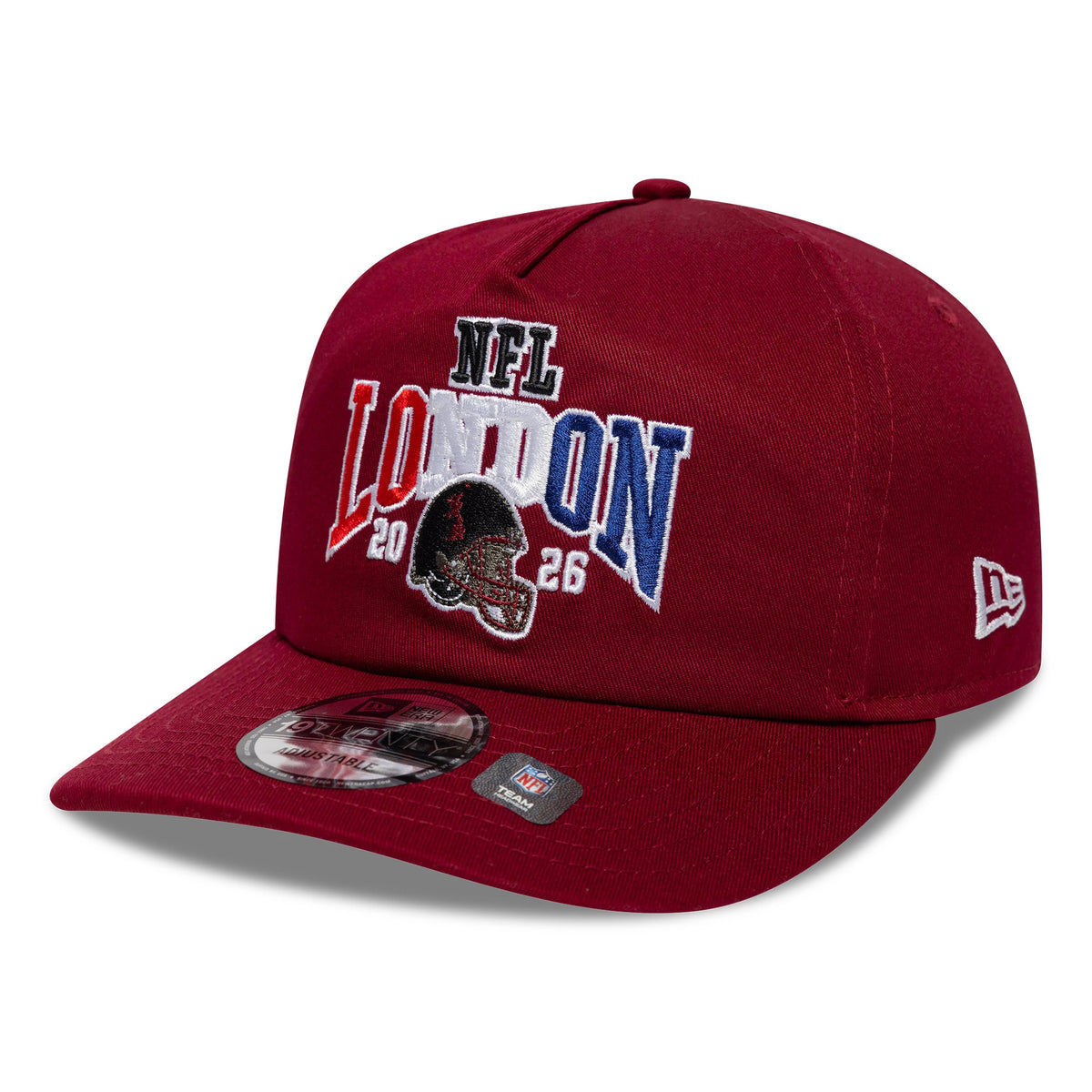 Washington Commanders NFL International Games 2026 London Dark Red New Era 19TWENTY Adjustable Cap, three-quarter view showing the embroidered NFL London graphic with a helmet and date on the front panel, dark red curved visor.