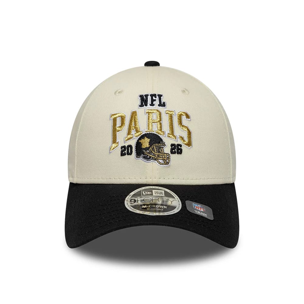 Pictured is this NFL International Games 2026 Paris New Orleans Saints 9FORTY M-Crown cap in white & black. 2