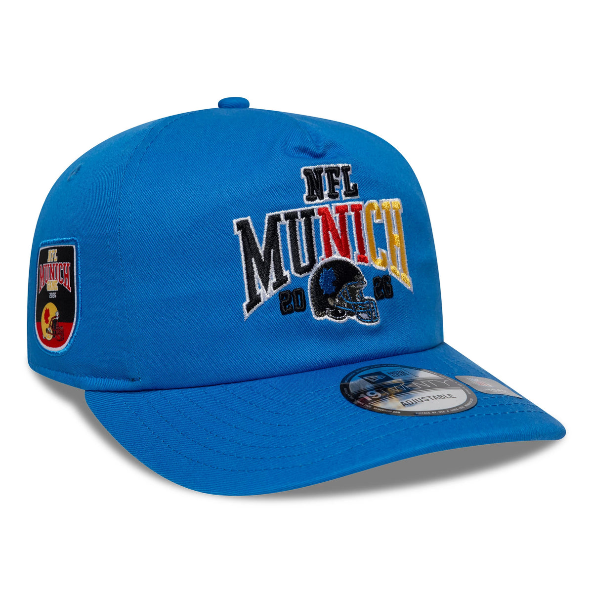 Detroit Lions NFL International Games 2026 Munich Blue New Era 19TWENTY Adjustable Cap, three-quarter view showing the embroidered NFL Munich 2026 logo on the front panel, a side patch with colours, and a 19TWENTY size sticker on the visor.