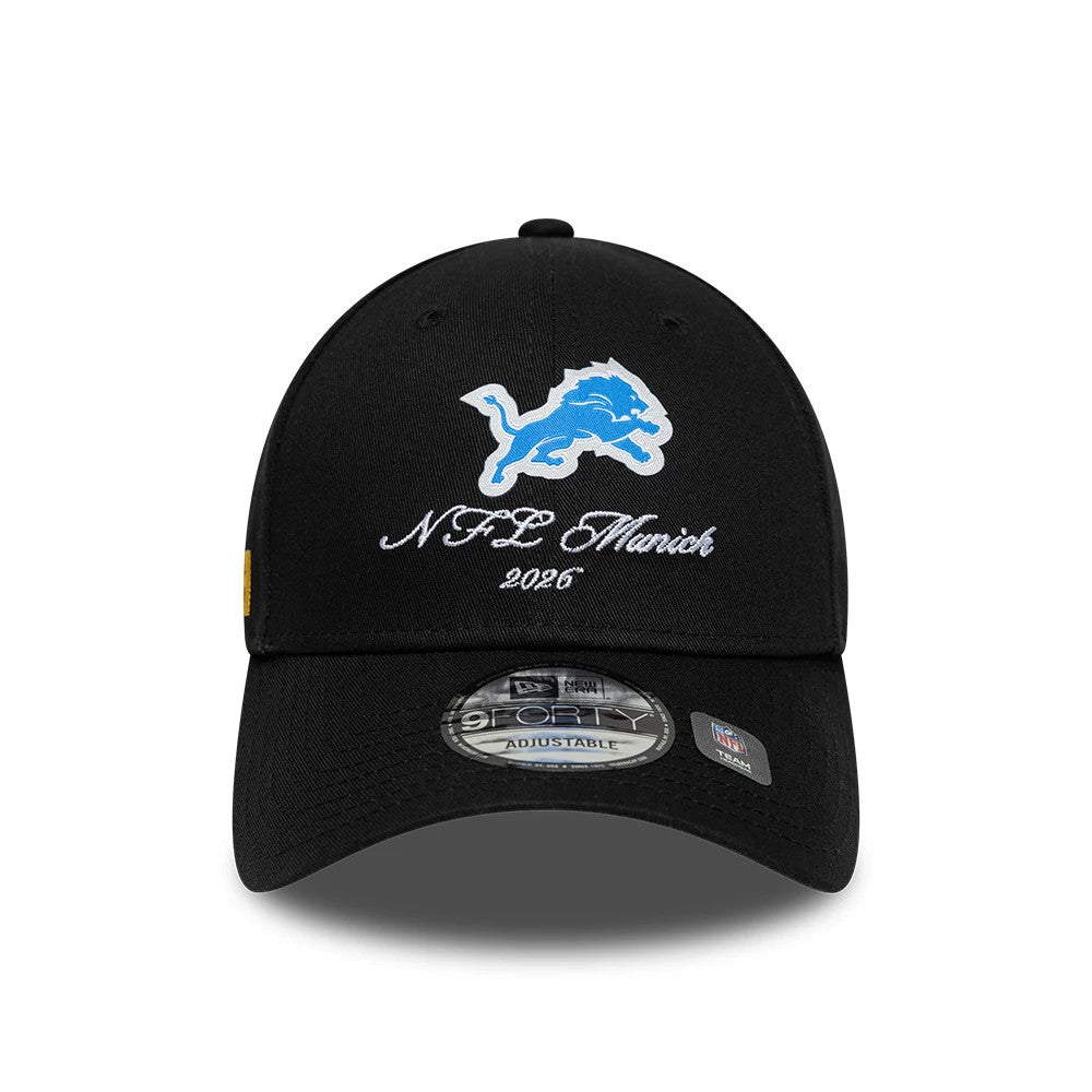 Pictured is this NFL International Games 2026 Munich Detroit Lions 9FORTY cap in black. 3
