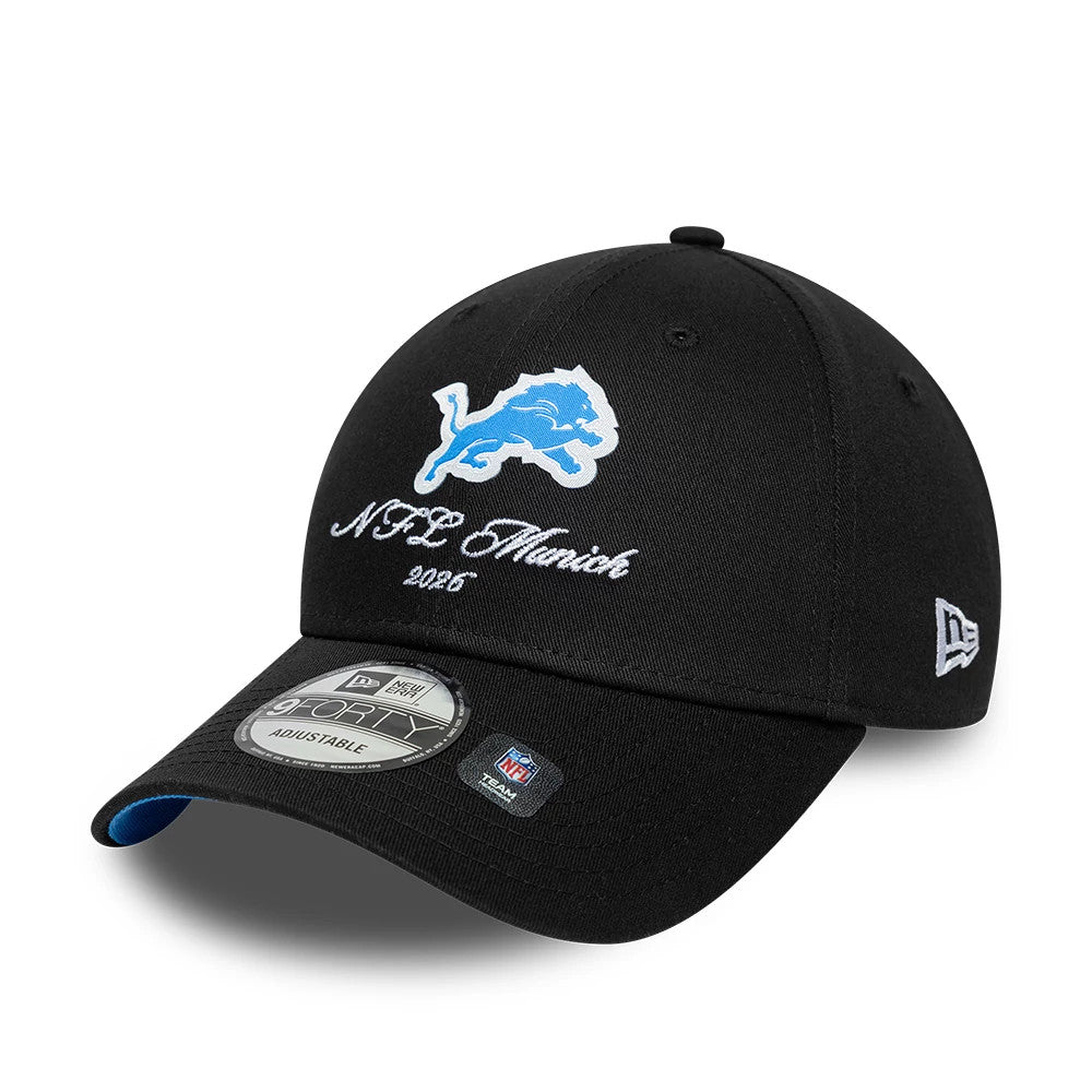 Pictured is this NFL International Games 2026 Munich Detroit Lions 9FORTY cap in black. 4
