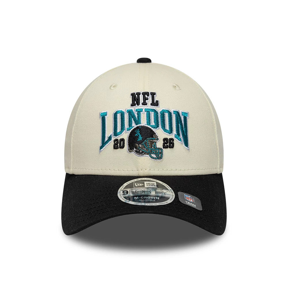 Jaguars NFL International Games 2026 London White & Black New Era 9FORTY M-Crown Adjustable Cap, front view showing teal and black embroidered NFL London lettering with a jaguar logo on the structured white crown, with a black curved visor.