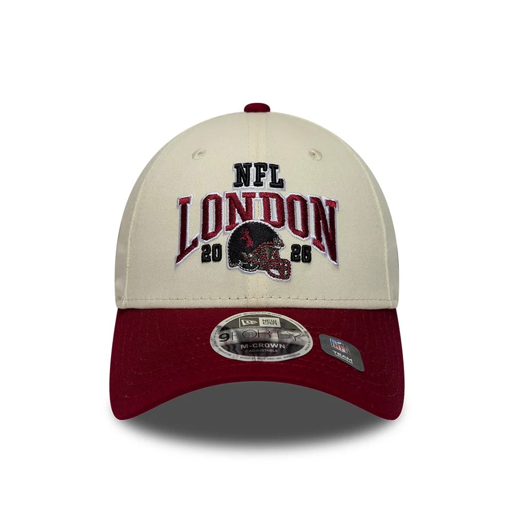 Pictured is this NFL International Games 2026 London Washington Commanders 9FORTY M-Crown cap in white & dark red. 2