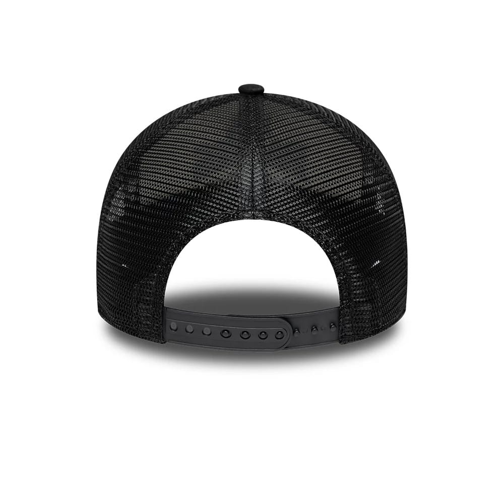 Saints NFL International Games 2026 Paris Black New Era 9FORTY A-Frame Trucker Adjustable Cap, rear view showing a black mesh back with an adjustable black snap closure and a curved structure enhancing the cap's classic trucker style.