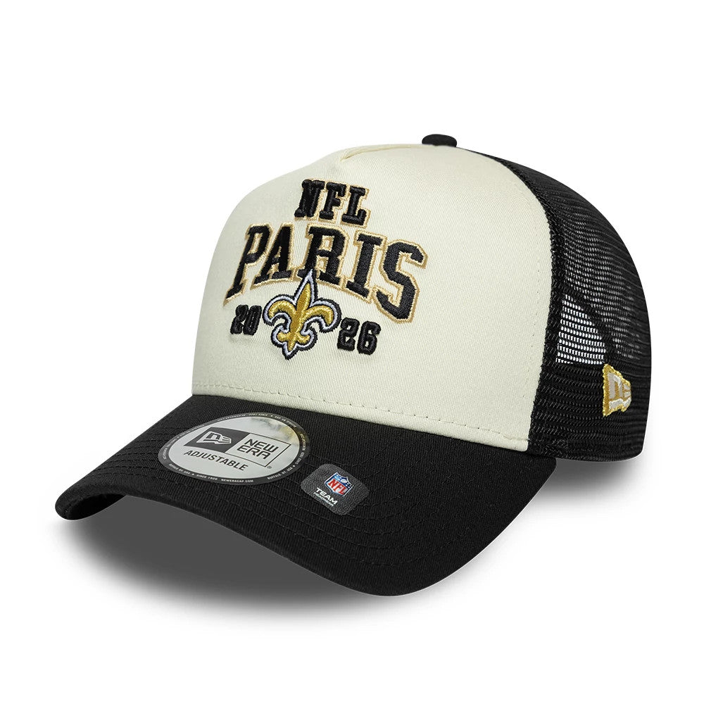 Pictured is this NFL International Games 2026 Paris New Orleans Saints 9FORTY A-Frame Trucker cap in black. 3