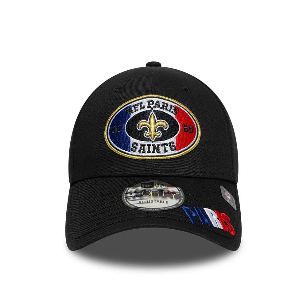 Pictured is this NFL International Series Games 2026 Paris New Orleans Saints 9FORTY cap in black. 2