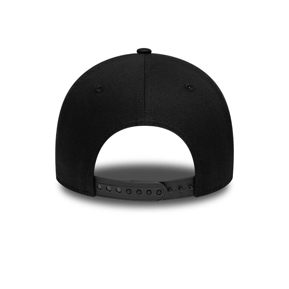 New Orleans Saints NFL International Games 2026 Paris Black New Era 9FORTY Adjustable Cap, rear view showing a black adjustable strap with multiple holes, a rounded structured black crown, and eyelets for added on the panels.