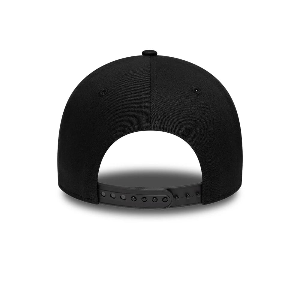 New Orleans Saints NFL International Games 2026 Paris Black New Era 9FORTY Adjustable Cap, rear view showing a black adjustable strap with multiple holes, a rounded structured black crown, and eyelets for added on the panels.