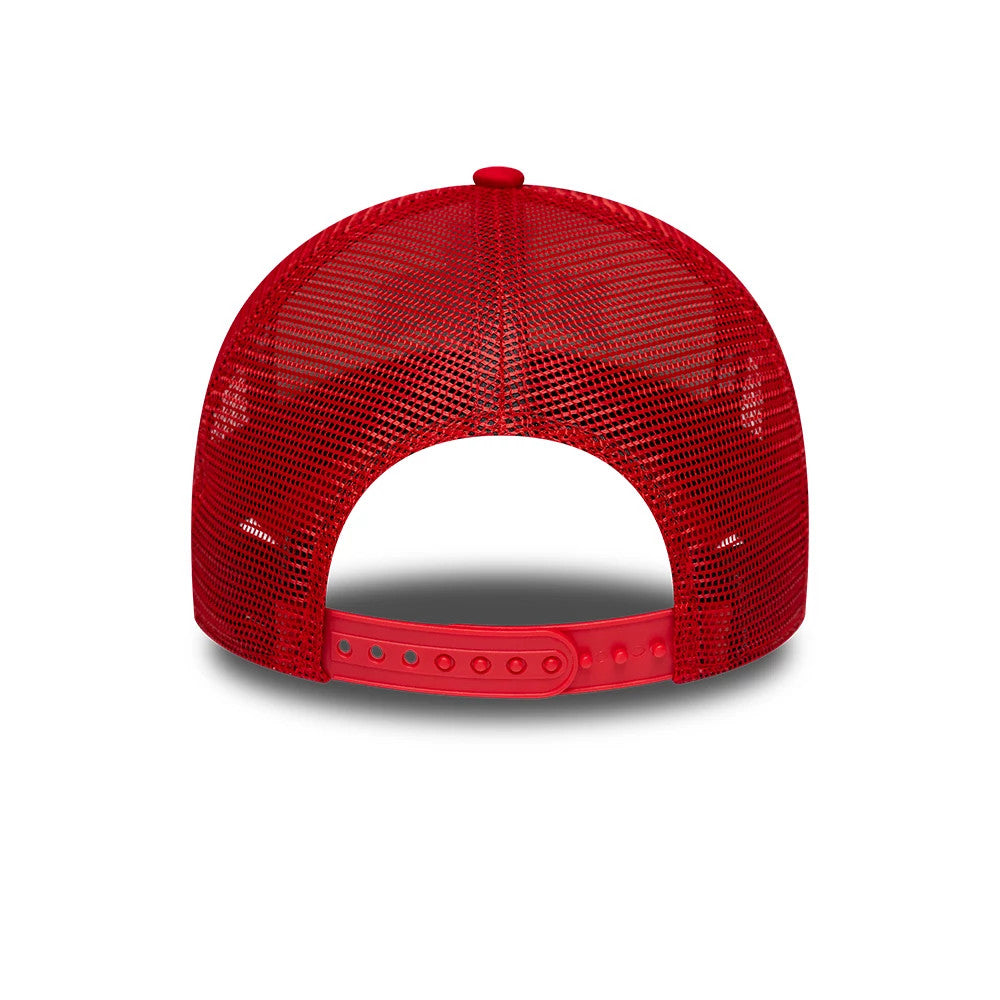 Falcons NFL International Games 2026 Madrid Red New Era 9FORTY A-Frame Trucker Adjustable Cap, rear view showing the red mesh back panels, a red plastic adjustable strap with multiple holes, and a top button completing the structured crown.