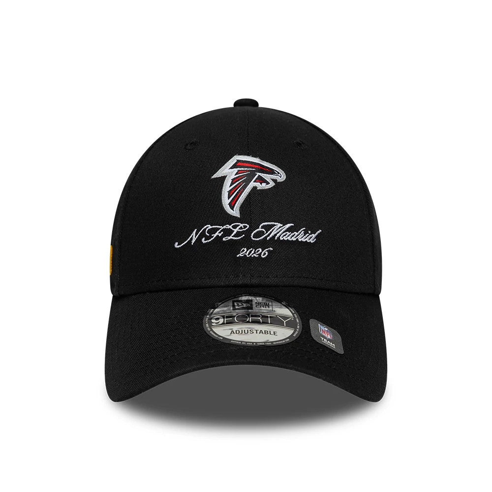 Pictured is this NFL International Games 2026 Madrid Atlanta Falcons 9FORTY cap in black. 3