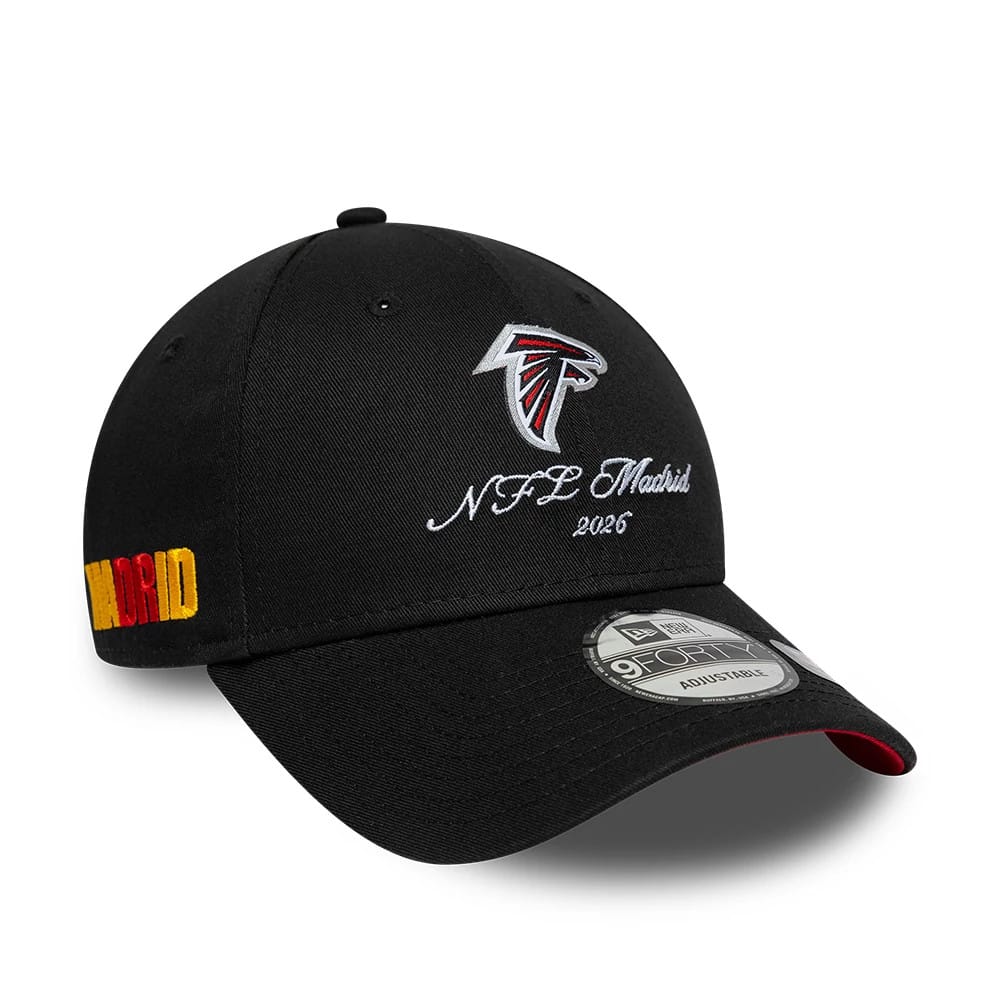 Atlanta Falcons NFL International Games 2026 Madrid Black New Era 9FORTY Adjustable Cap, three-quarter view showing the red and white Falcons logo and white NFL Madrid 2026 embroidery on the front panel.