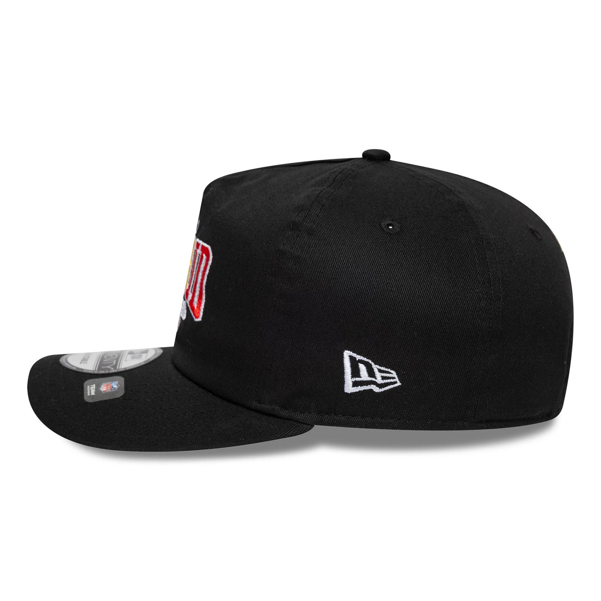 Atlanta Falcons NFL International Games 2026 Madrid Black New Era 19TWENTY Adjustable Cap, side view showing the white embroidered New Era flag logo on the left side, black curved visor with NFL sticker, and structured black crown.
