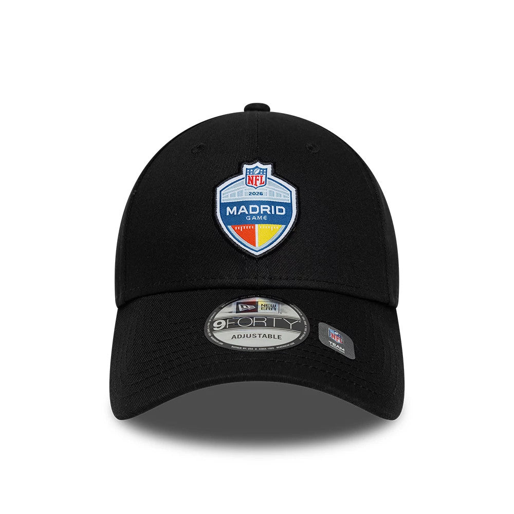Pictured is this NFL International Games 2026 Madrid 9FORTY cap in black. 2