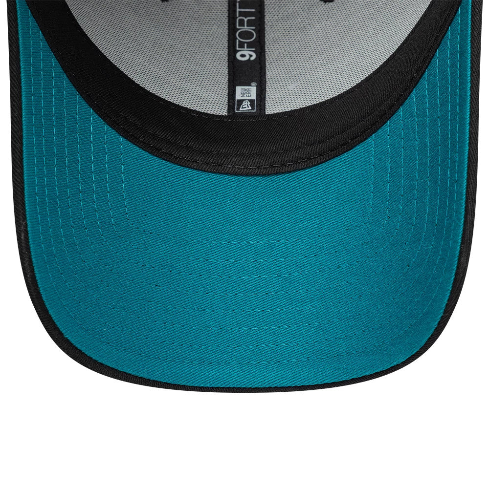Jacksonville Jaguars NFL International Games 2026 London Black New Era 9FORTY Adjustable Cap, inside view showing grey taping running across the black sweatband, a teal undervisor and a 9FORTY sticker on the visor.