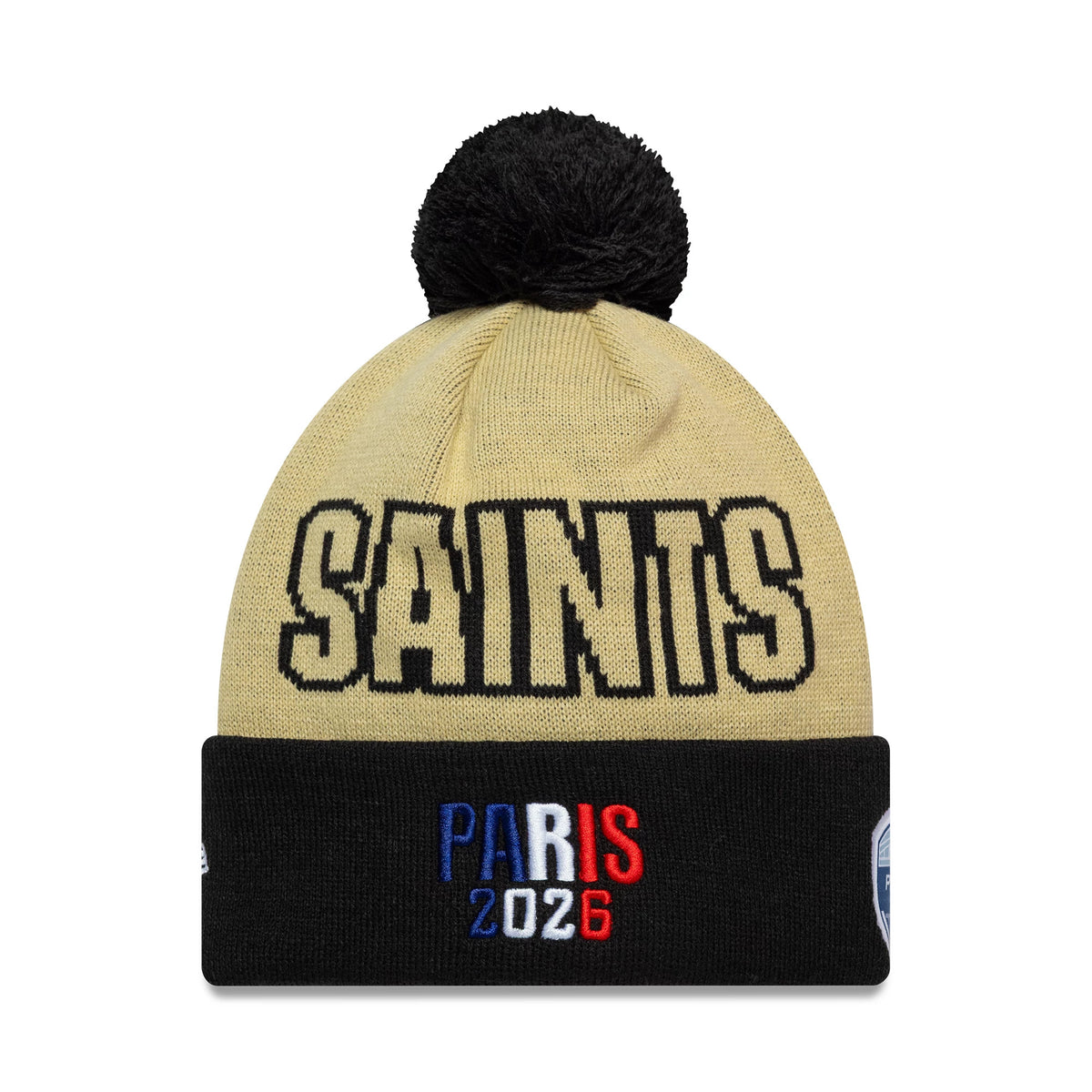 Pictured is this NFL International Games 2026 Paris New Orleans Saints Cuff Knit Beanie hat in light beige. 2