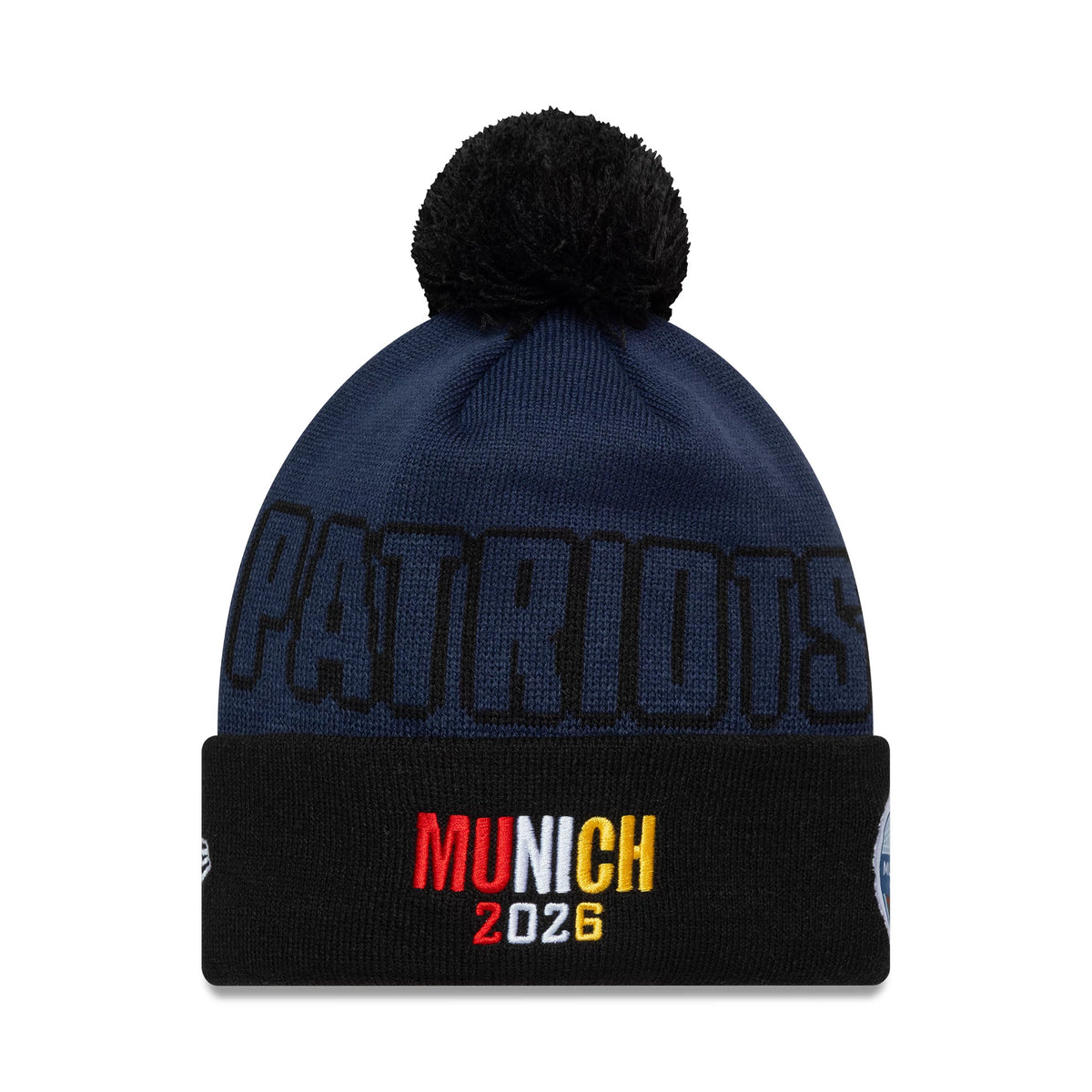 Pictured is this NFL International Games 2026 Munich New England Patriots Cuff Knit Beanie hat in dark blue. 2